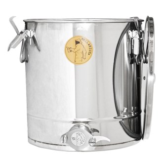 Abfüllkübel 25 kg aus Rostfrei-Quetschhahn und Spannverschlüssen Mellarius