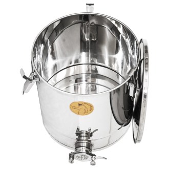 Abfüllkübel 25 kg aus Rostfrei-Quetschhahn und Spannverschlüssen Mellarius