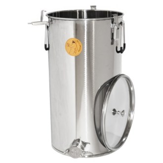 Abfüllkübel 50 kg aus Rostfrei-Quetschhahn und Spannverschlüssen Mellarius