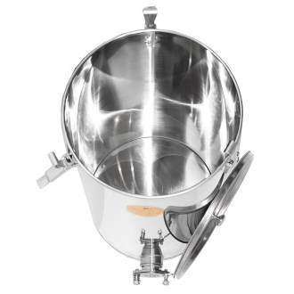 Abfüllkübel 50 kg aus Rostfrei-Quetschhahn und Spannverschlüssen Mellarius