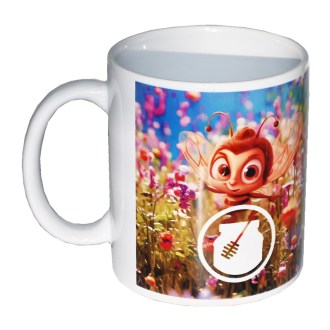 Eine Tasse mit kindlichem Bienenmotiv auf der Wiese